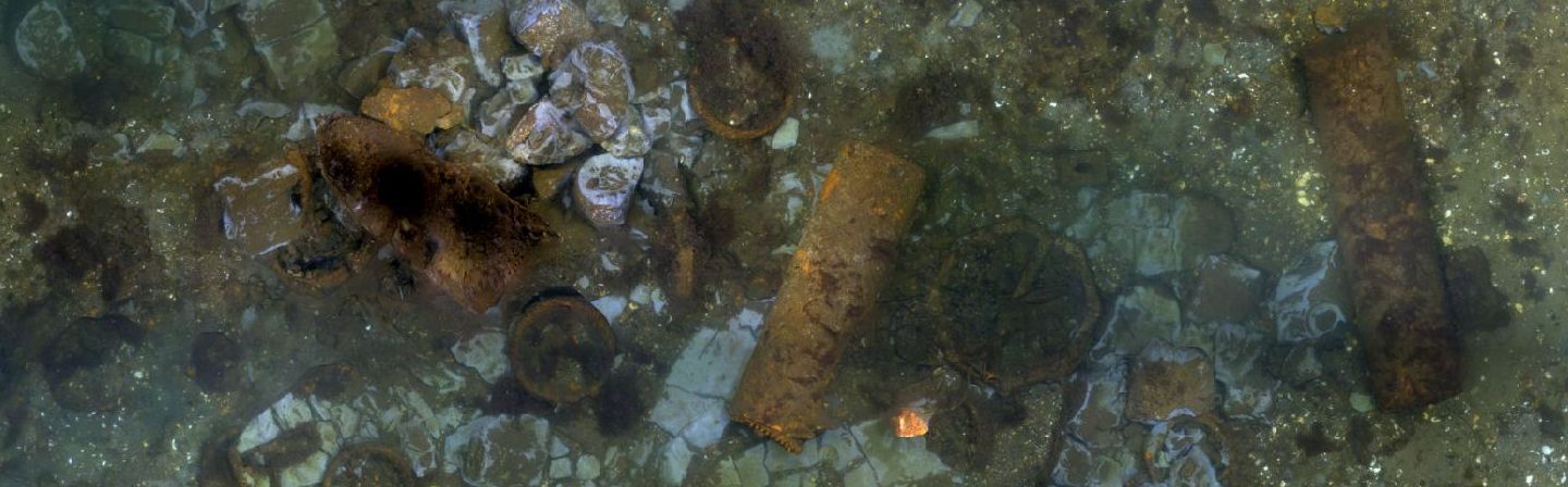 Photo mosaic with old ammunition on the seafloor; taken during the expedition AL548 with the help of the AUVs ANTON and LUISE