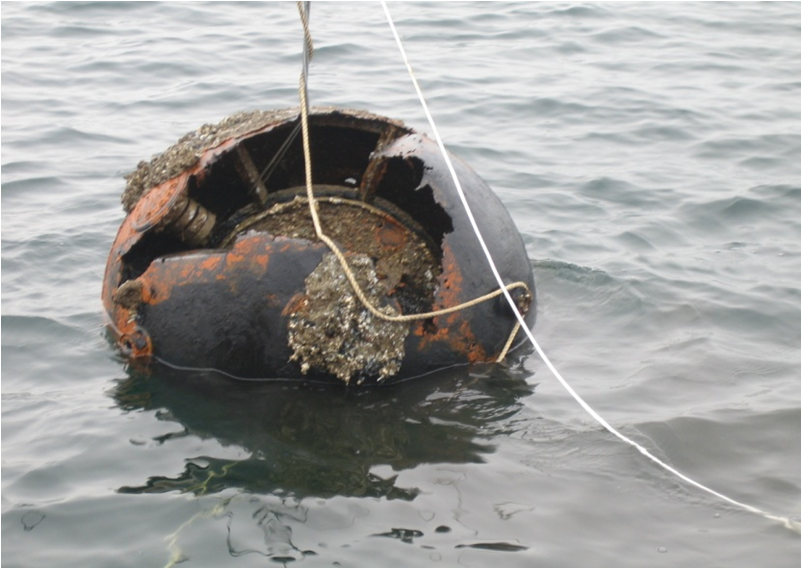 German WW II moored mine, recovered from sea bed at Kolberger Heide former explosives dumping ground