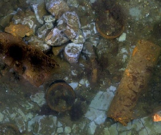 Photo mosaic with old ammunition on the seafloor; taken during the expedition AL548 with the help of the AUVs ANTON and LUISE